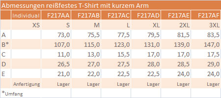 Abmessungen reißfestes T-Shirt mit kurzem Arm F217