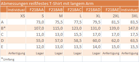 Maßtabelle F218 long sleeve T-Shirt - Reißfestes T-Shirt, langer Arm