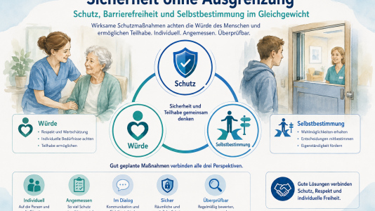 Infografik zu Gewaltprävention am Arbeitsplatz mit fünf Schutzebenen für Pflege, Schulen und soziale Einrichtungen.